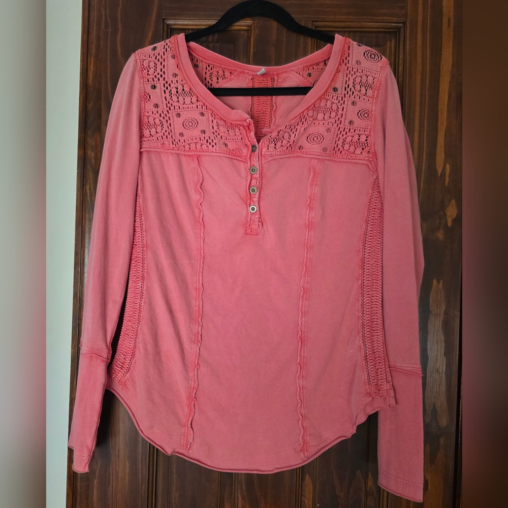 Free People Coral Lace Accent Blouse